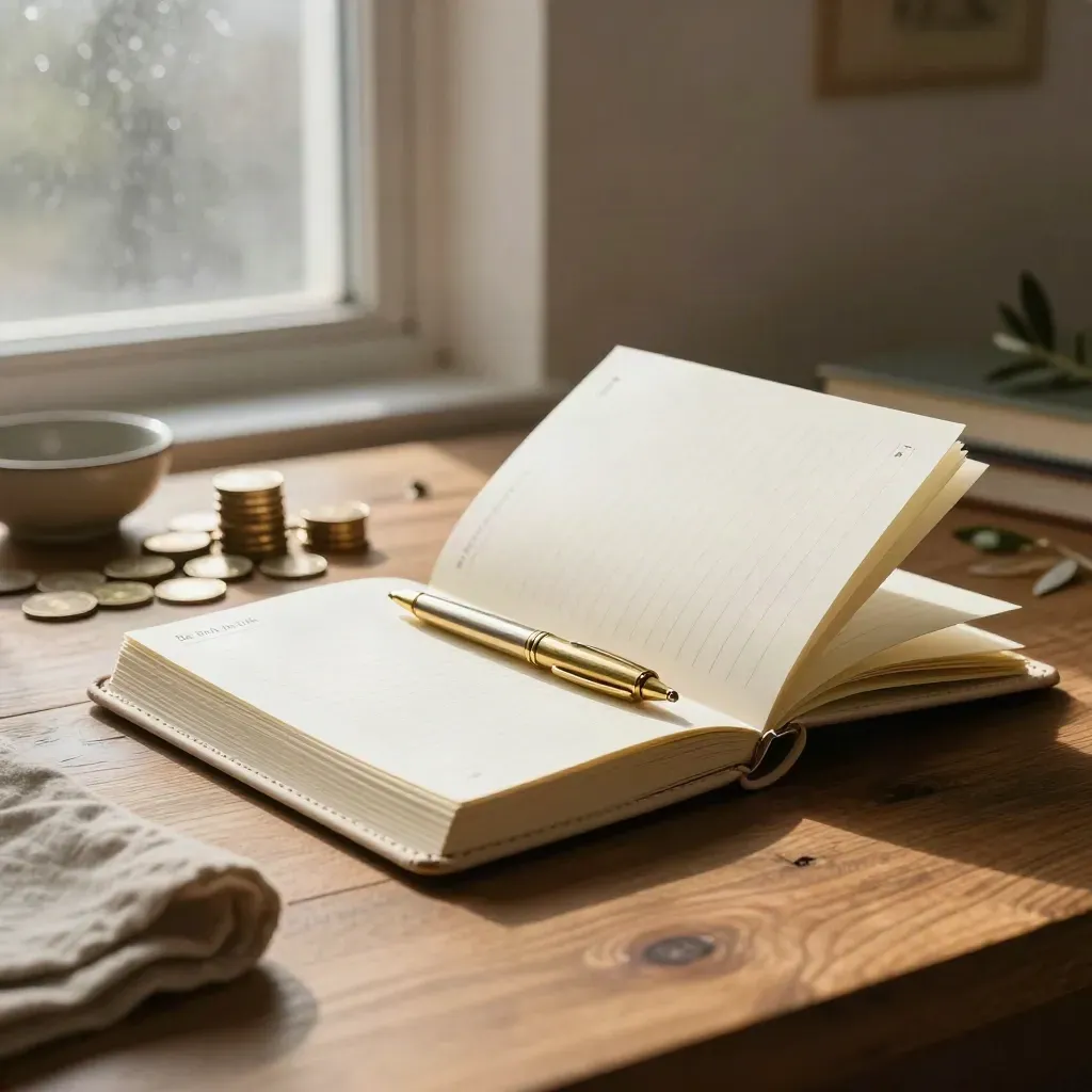 Ivory planner, brass pen, coins, linen, bowl, and olive sprig in dawn light.