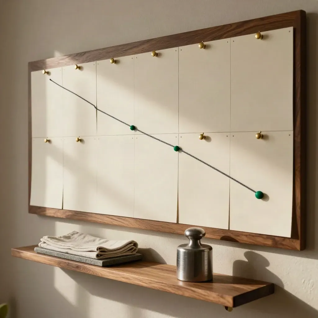 Founder goal map board with pinned cards, string path, and shelf objects in soft daylight