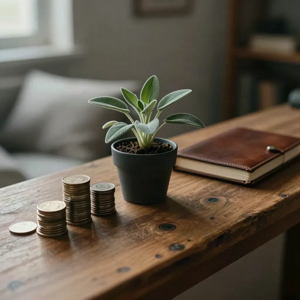 Coins, sage plant, and closed journal on a warm wood sill in soft daylight